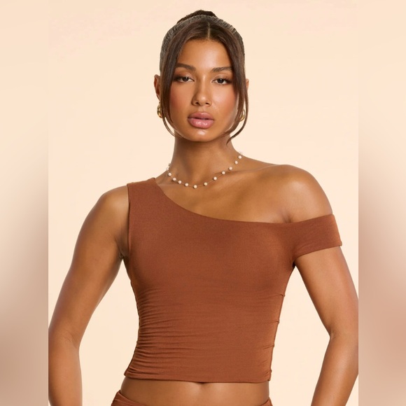 strapless ruched modal cashmere blend maxi dress in chestnut brown Sheer Perfection Ruched Maxi Mesh Tube Dress main image 0